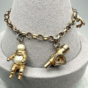 Vintage Charm Bracelet Space Age Sputnik Cosmic Gold Tone Faux Pearl 6.5" MCM
